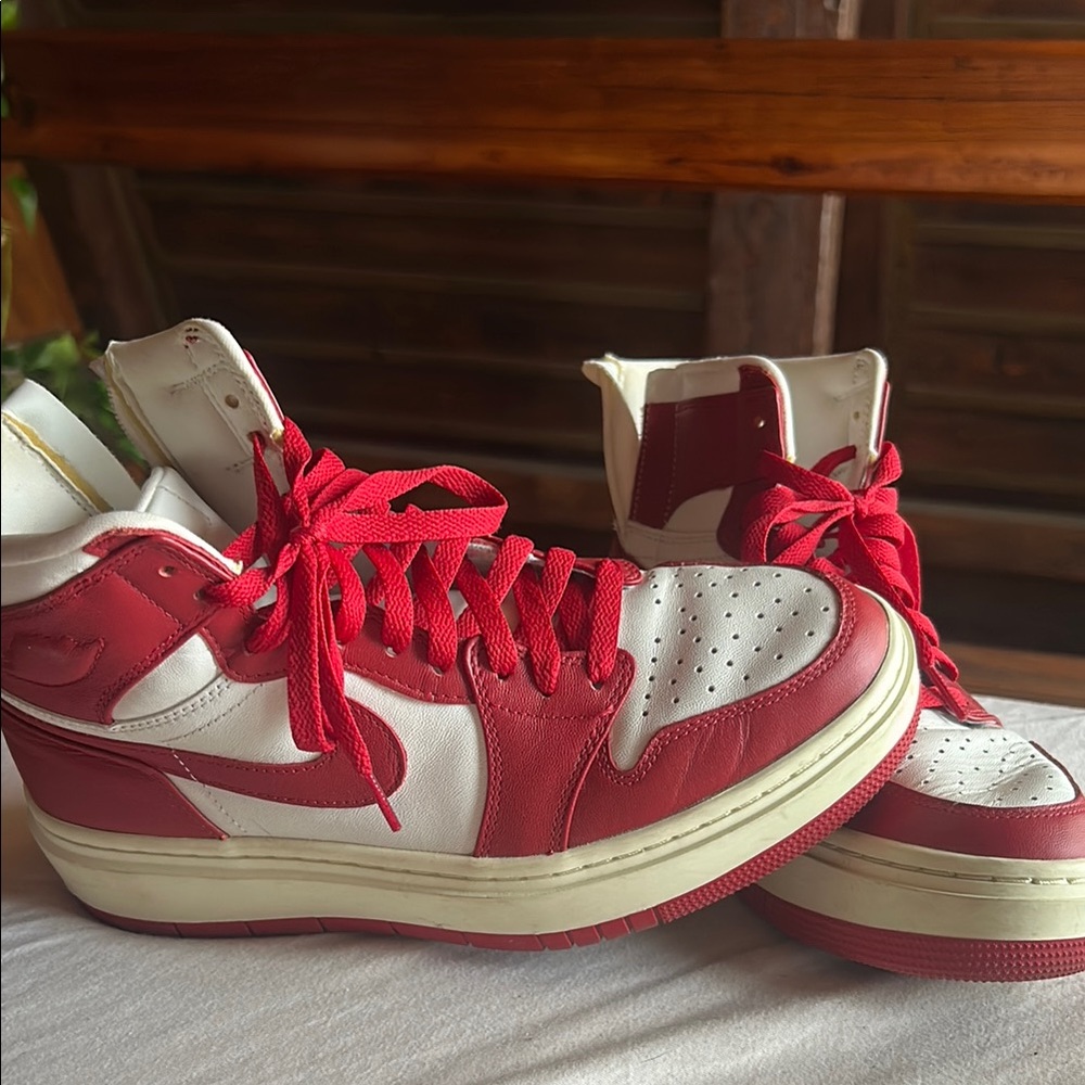 Red and White High-Top Platform Jordan Sneakers